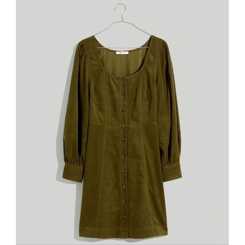 Madewell Esti Corduroy Dress Olive Green Long Sleeve 100% Cotton Women’s 16